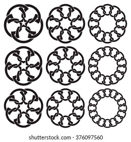 Set of round frames. Nine decorative elements for logo design with stripes braiding borders. Black lines on white background.