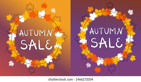 Set of round frames with orange and yellow maple leaves. Text Autumn Sale inside. Violet and yellow gradient background. Template with no fill, white and colorful leaves.
