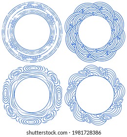 Set of round frames in oriental style with elements of sea waves isolated on white background. Vintage style for Chinese painting on porcelain. Vector illustration.