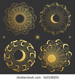 Set of round frames in oriental style. Moon, Sun, clouds in the sky. Vector hand drawn illustration