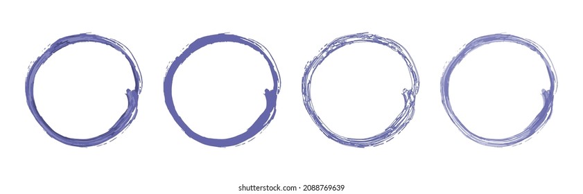 set of round frames painted with gouache brush painted with 2022 Very Peri color on a white background
