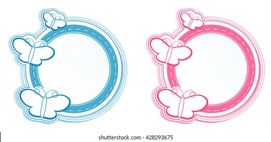 Set round frames Pink and Blue with White butterflies isolated on white color background. Vector