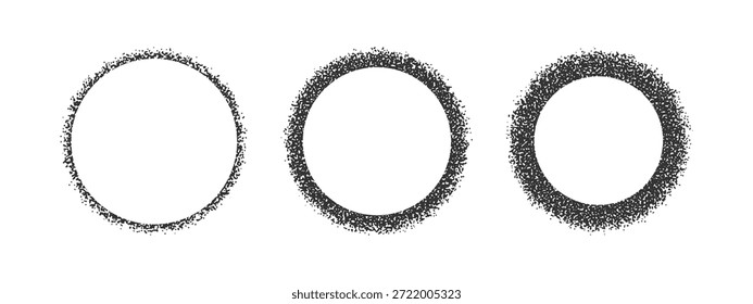 Set of round frames with powder, sand or dust texture. Circular shapes with grainy borders isolated on white background. Decorative design elements with stipple effect. Vector graphic illustration.