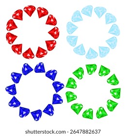 Set round frames with precious stones. Sparkling diamonds, sapphires, emeralds, ruby. For invitations, packaging, greeting cards. Space for text.