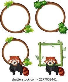 Set of round frames with red pandas illustration