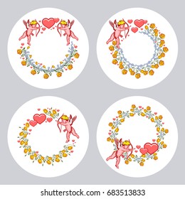 Set of round frames with roses and cupid. Vector clip art