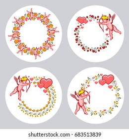 Set of round frames with roses and cupid. Vector clip art