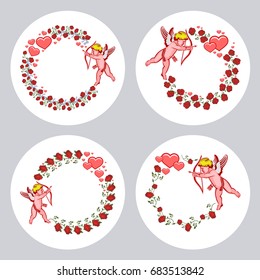 Set of round frames with roses and cupid. Vector clip art
