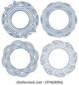 Set of round frames with sea waves and ornaments. Vintage style for Chinese painting on porcelain. Vector illustration.