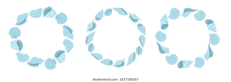 Set of round frames with seashells in blue colors. Design elements for print, sticker, greeting card and invitation. Isolated vector illustration