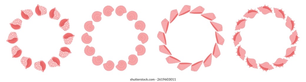 Conjunto de quadros redondos com conchas em cores rosa. Elementos de design para impressão, adesivo, cartão de saudação e convite. Ilustração isolada de vetor