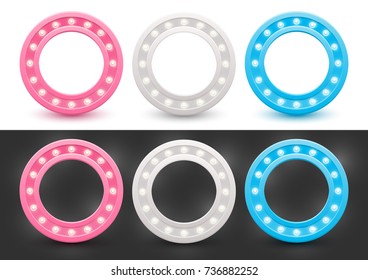 Set of round frames with shining light bulbs