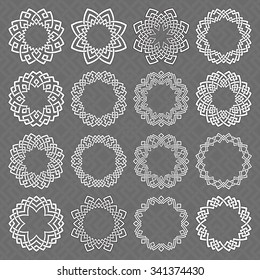 Set of round frames. Sixteen circle octagonal decorative elements with stripes braiding for logo or monogram design. Mandalas collection of white lines with black strokes on gray background.