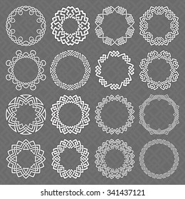 Set of round frames. Sixteen circle octagonal decorative elements with stripes braiding for logo or monogram design. Mandalas collection of white lines with black strokes on gray background.