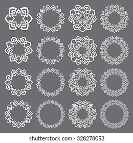 Set of round frames. Sixteen decorative elements for logo design with stripes braiding borders. White lines with black strokes on gray background.