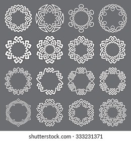 Set of round frames. Sixteen hexagonal decorative elements with stripes braiding for your logo or monogram design. Mandalas collection of white lines with black strokes on gray background.