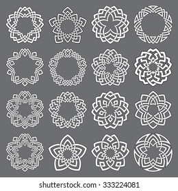 Set of round frames. Sixteen pentagonal decorative elements with stripes braiding for your logo or monogram design. Mandalas collection of white lines with black strokes on gray background.