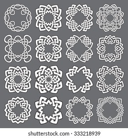 Set of round frames. Sixteen quadrangular decorative elements with stripes braiding for your logo or monogram design. Mandalas collection of white lines with black strokes on gray background.