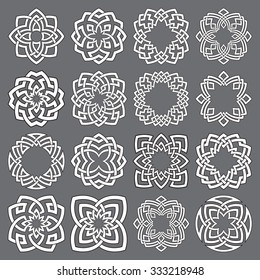 Set of round frames. Sixteen quadrangular decorative elements with stripes braiding for your logo or monogram design. Mandalas collection of white lines with black strokes on gray background.