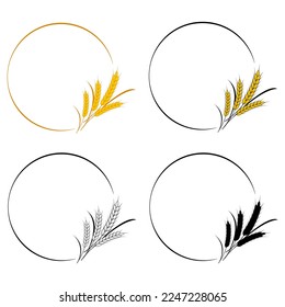 Set of round frames with spikelets. Template for the design of packaging of beer, bread, pastries, etc. Spikes of wheat, oats, rice, rye. Vector illustration on white background