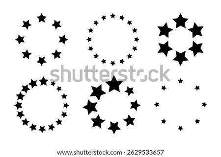 Set of round frames with stars arranged in a circle isolated on white background. Prize, success or award banner. Starry ring emblem with empty space. Vector graphic illustration.