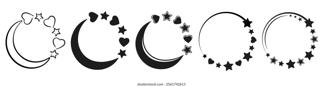 Set of round frames with stars, half moon and hearts in flat style. Circle shape magic decorative element. Monogram frame for invitations, greeting cards, banners, posters. Isolated vector design