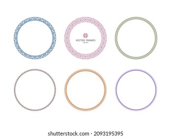 Set of round frames with traditional folk elements of embroidery. Decorative cross-stitch with stylized flowers on a white background. Stock illustration - eps10 vector.