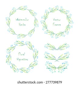 Set of round frames and vignettes made of watercolor branches and drops. Hand-painted watercolor design elements isolated on white. Perfect for greetings, invitations, announcement, wedding, web.