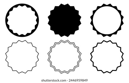 Set of round frames with wavy edges. Circle shapes with wiggly borders. Squiggly vignettes or mirrors, empty text boxes, tags or labels isolated on white background. Vector graphic illustration.