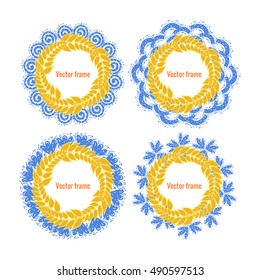 Set of round frames with wheat. Ears of cereals on a blue lining. Vector illustration isolated on white background. The concept of agricultural product symbol of the grain.