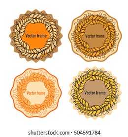 Set of round frames with wheat. Ears of cereals on a different lining. Vector illustration isolated on white background. The concept of agricultural product symbol of the grain.