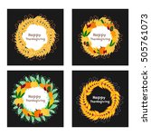 Set of round frames with wheat and vegetables. Vector illustration isolated on black card background. Decor for the autumn holidays and harvest symbol.