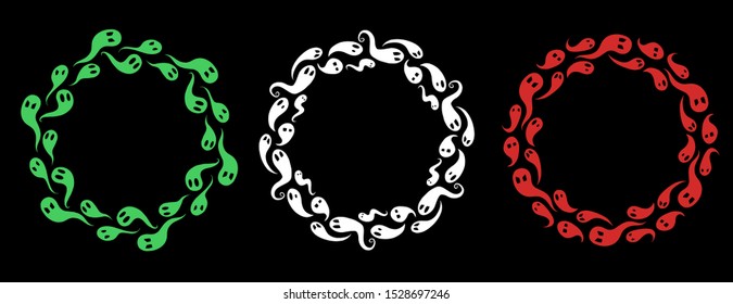 Set of round frames from white, green and red silhouettes of ghosts on dark background.  Halloween decorations with spirits. Vector template for invitation, greeting cards and your design.