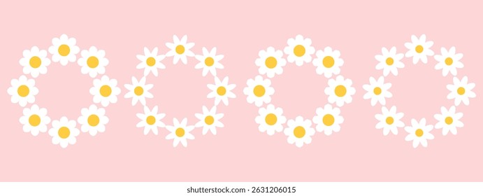 Set of round frames with white groovy daisy flowers on pink background. Retro geometric spring flowers. Clockwork simple set of flowers. For greeting card, poster, banner, social networks.