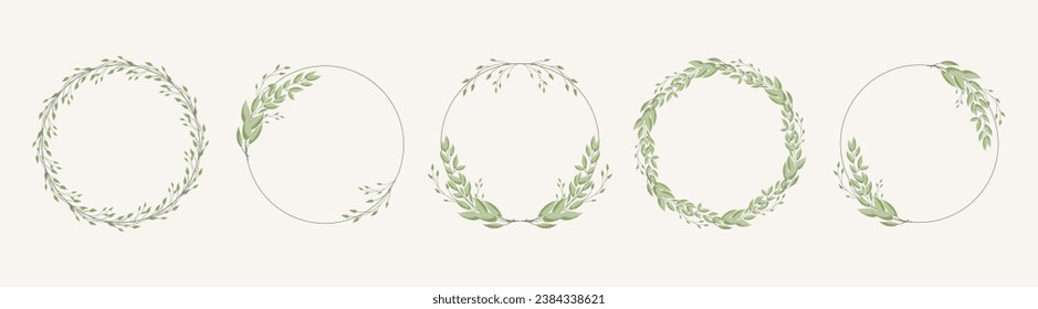 Set of round frames, wreaths with delicate branches of laurel leaves, eucalyptus leaves. Templates for cards and invitations in boho style. Vector