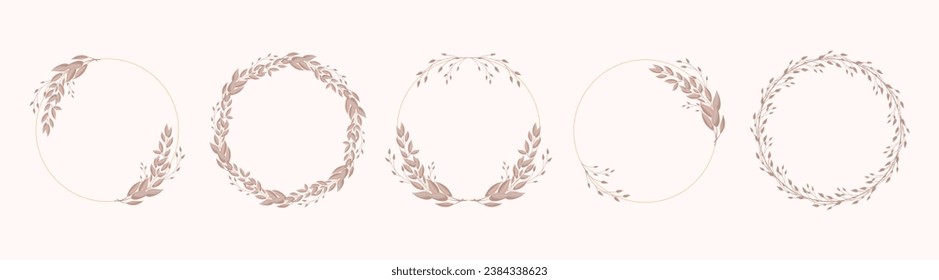 Set of round frames, wreaths with delicate branches of laurel leaves, eucalyptus leaves. Templates for cards and invitations in boho style. Vector