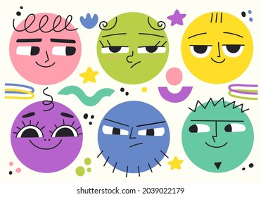 Conjunto de personajes divertidos redondos con diversas emociones faciales. Ilustración vectorial moderna colorida con formas alegres caras sonrientes y tristes para los niños. 