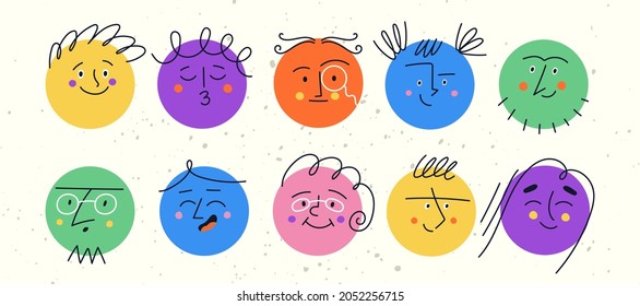 Set of round funny characters with various facial emotions. Colorful modern vector illustration with shapes happy sad angry smile faces for children.