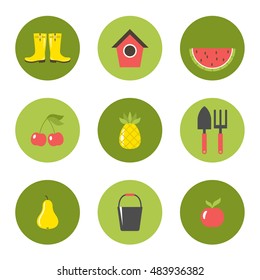 Set of round garden icons. Fruit, vegetables, harvest. Stickers. Vector
