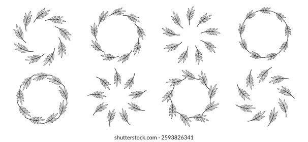 Set of round garland with twigs and leaves. Black and white linear vector illustration. Floral wreath with empty space for text. Contour drawing plant elements in circle.