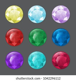 Set of round gemstones in different colors. To illustrate aquamarine, chrystal, zircon or other gem
