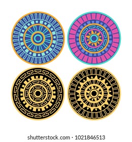 A set of round geometric decorative elements with meanders in Greek style.