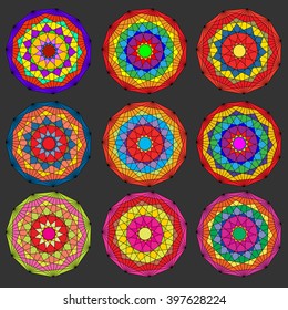 Set of round geometric ornament. Vector mandala. Bright color.
