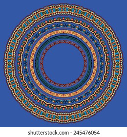 set of round geometrical frames, circle border ornament in ultramarine color, vector illustration