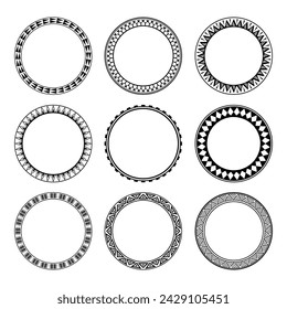 set of Round geometrical maori border frame design. Simple. Black and white collection. African, maya, aztec, ethnic, tribal style.