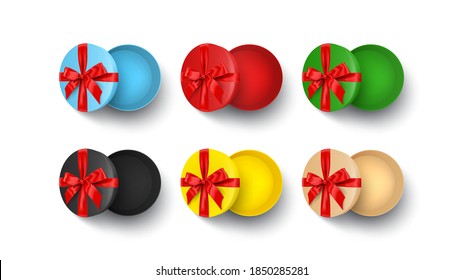 Set of round gift boxes isolated on white background. Holiday realistic open paper gift boxes with red satin bows for Christmas, New Year, Birthday decoration. Vector illustration.