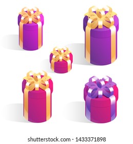 Set of round gift boxes. Isometric vector icons with golden bows isolated on white background.