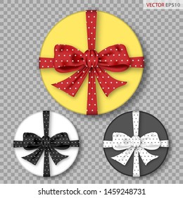 Set of round gift boxes with polka dots bows, isolated on transparent background. Vector illustration