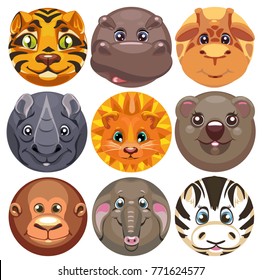 set of round gingerbread icons with faces of animals from the zoo