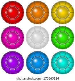 Set of round glass buttons, computer icons with frames of different colors for web design. Eps10, contains transparencies. Vector